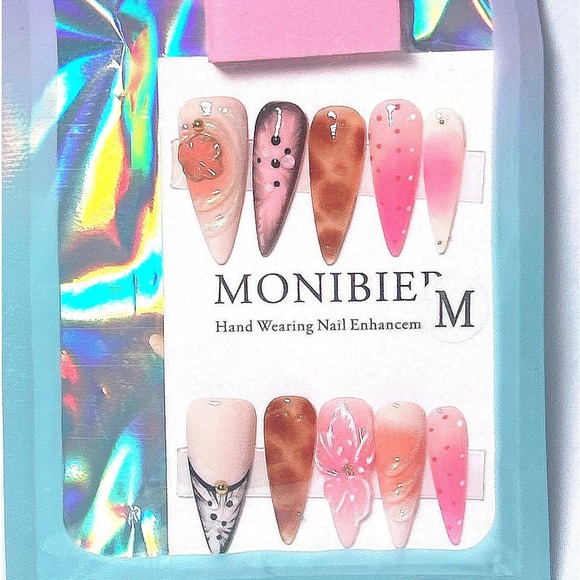 Other - MONIBIER Pink Brown Animal Print Floral Press On‎ Nails Coffin Medium